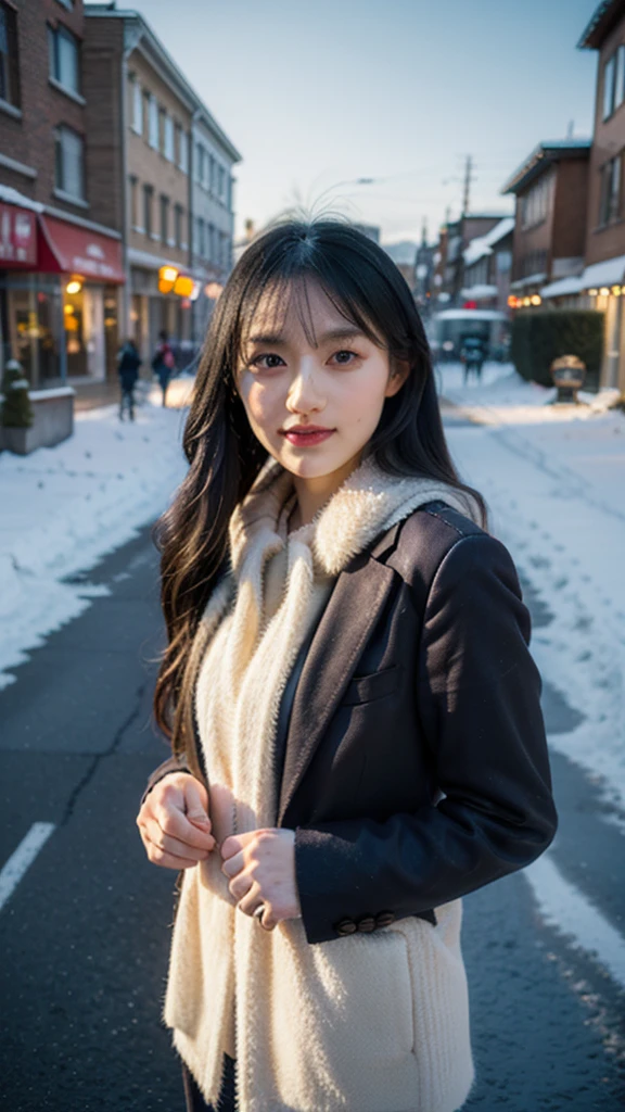 professional portrait photograph of a gorgeous Norwegian girl in winter clothing with long wavy blonde hair, sultry flirty look, gorgeous symmetrical face, cute natural makeup, wearing elegant warm winter fashion clothing, ((standing outside in snowy city street)), stunning modern urban environment, ultra realistic, concept art, elegant, highly detailed, intricate, sharp focus, depth of field, f/1. 8, 85mm, medium shot, mid shot, (((professionally color graded))), bright soft diffused light, (volumetric fog), trending on instagram, hdr 4k, 8k