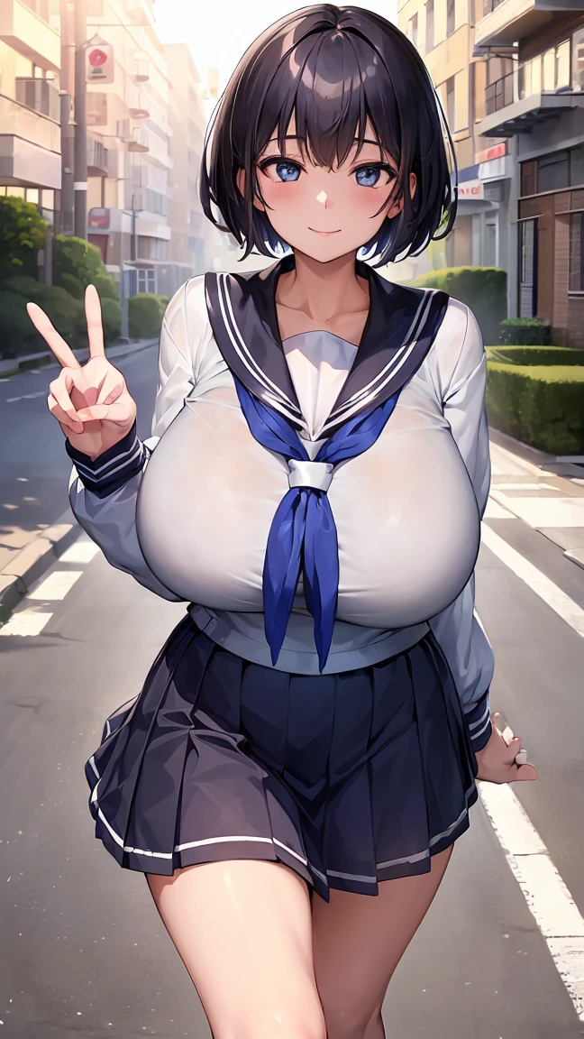 (5fingers, one hand peace:1.6), (morning, crossing, neighborhood, schoolway :1.4), high resolution, extremely detailed CG, unity 8k wallpaper, super detailed skin, perfect anatomy, detailed, cinematic lighting, dynamic lighting, beautiful detailed eyes, black short hair, (smile:1.2)、(looking at viewer:1.8), (gigantic breasts:1.4)、 (sailor uniform:1.5), (upskirt:1.2), (gleaming skin:1.2)、school,
(arms behind back, walking:1.3),