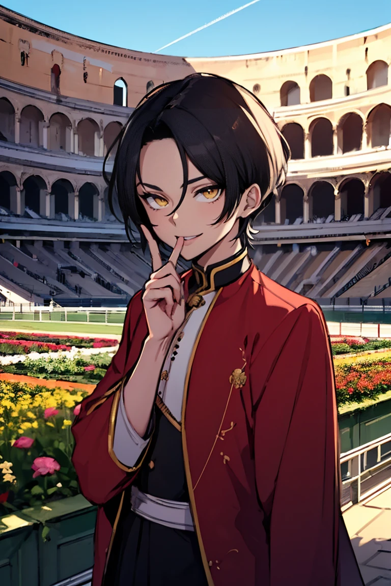 (masterpiece, best quality:1.2), hui xiyi,1boy,hair between eyes,looking at viewer,sash,short hair,solo,yellow eyes, chinese clothes, rekkyo sensen,forehead,short eyebrow, red jacket, black underwear, hand up, index finger raised, background((sky, blue sky, colosseum, stage, flower, flower garden))