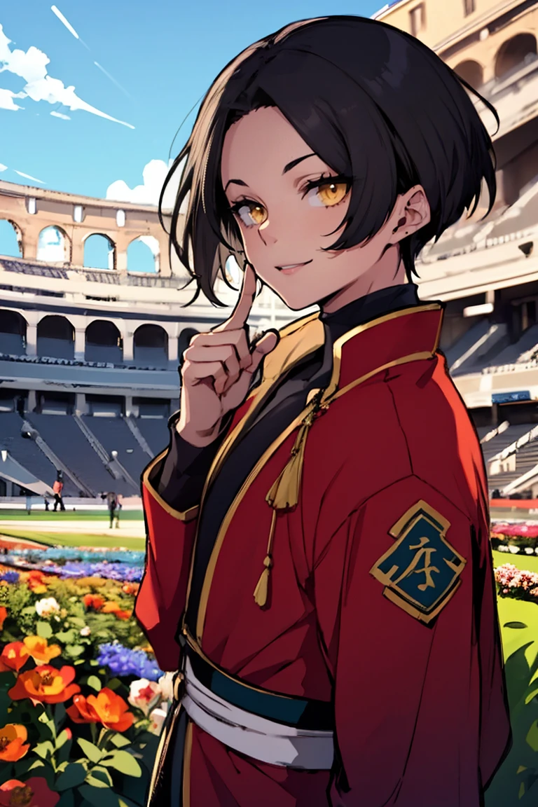 (masterpiece, best quality:1.2), hui xiyi,1boy,hair between eyes,looking at viewer,sash,short hair,solo,yellow eyes, chinese clothes, rekkyo sensen,forehead,short eyebrow, red jacket, black underwear, hand up, index finger raised, background((sky, blue sky, colosseum, stage, flower, flower garden))