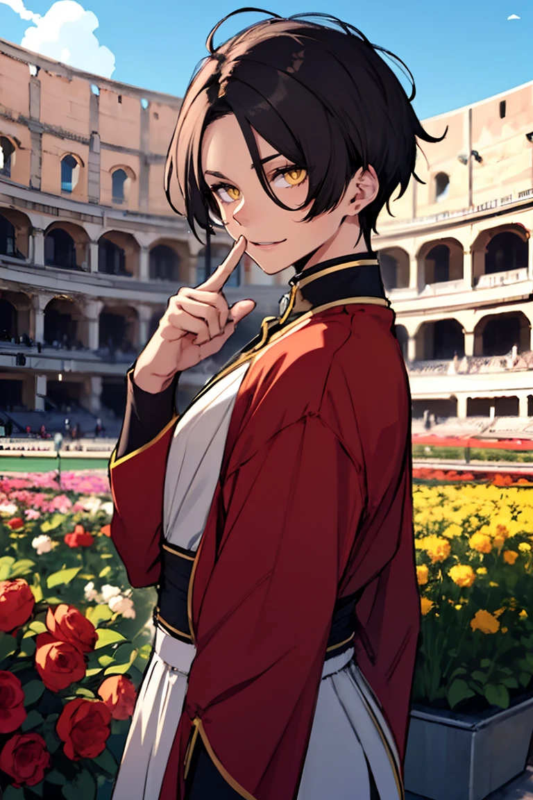 (masterpiece, best quality:1.2), hui xiyi,1boy,hair between eyes,looking at viewer,sash,short hair,solo,yellow eyes, chinese clothes, rekkyo sensen,forehead,short eyebrow, red jacket, black underwear, hand up, index finger raised, background((sky, blue sky, colosseum, stage, flower, flower garden))