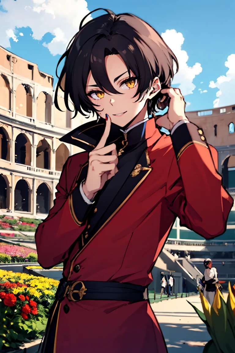 (masterpiece, best quality:1.2), hui xiyi,1boy,hair between eyes,looking at viewer,sash,short hair,solo,yellow eyes, chinese clothes, rekkyo sensen,forehead,short eyebrow, red jacket, black underwear, hand up, index finger raised, background((sky, blue sky, colosseum, stage, flower, flower garden))