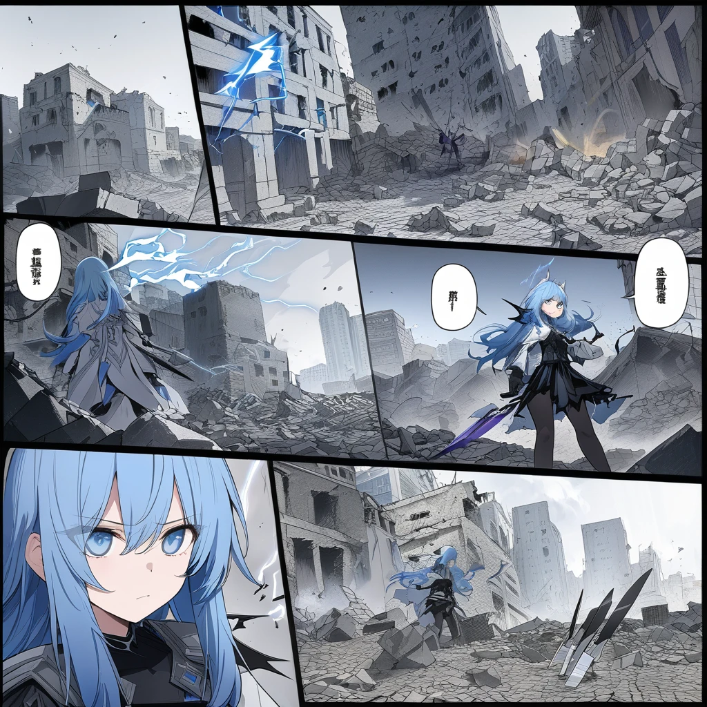 ((highest quality)), ((masterpiece)), (detailed)), a a scene blue hair blue eye emission multiple knives with lightning vs shadow demonic creatures Smoke in a rubble and destroyed city Comic ebook storyboard