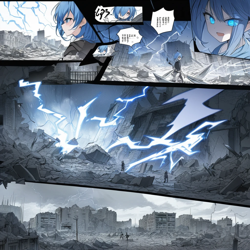 ((highest quality)), ((masterpiece)), (detailed)),  a a scene blue hair blue eye emission multiple knives with lightning vs shadow demonic creatures Smoke in a rubble and destroyed city Comic ebook storyboard