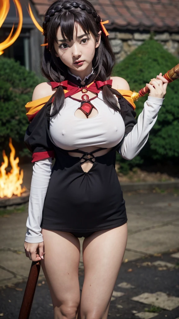 Yunyun from Konosuba、Huge breasts、Saggy breasts、Fire magic comes out of the wand、Magic goes out of control and attacks Subaru of Re:Zero、Yunyun looks flustered、