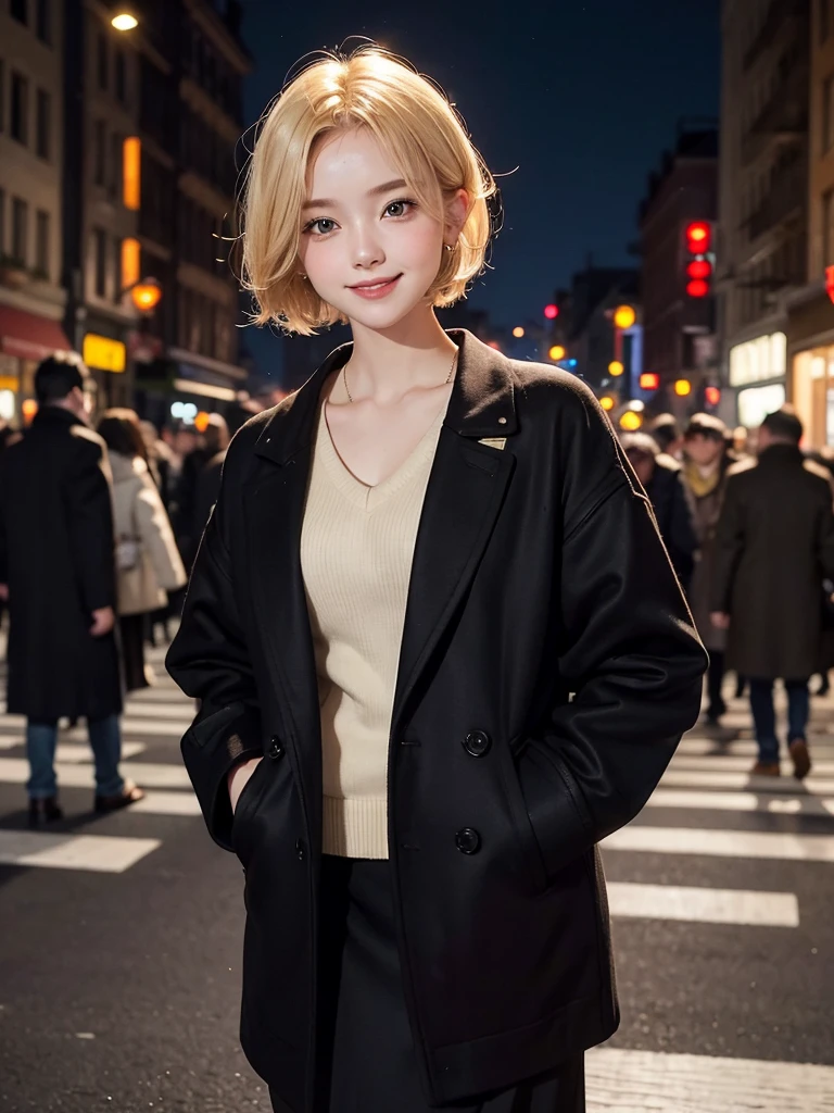 {masterpiece}, 1woman, upper body, city, in the night, illumination, crowd, 20years old, blonde hair, short hair, big smile, blush, pea coat, white v-neck sweater, black midi skirt