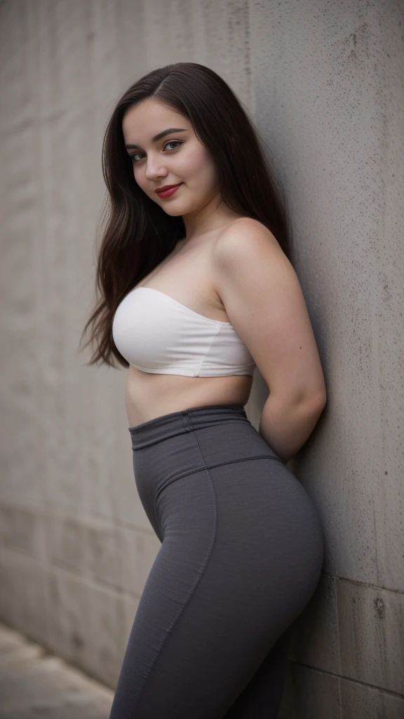 RAW photo, photo of overweight 15 year old , (long brunette hair), (tik-tok leggings), (off shoulder top), city streets, leaning against wall, pale white skin, thick thighs, freckles, blemishes, lipstick, ((short height, broad shoulders, ((wide hips and waist)), ((chubby:1.3)), smiling, happy, red lipstick, side profile,
