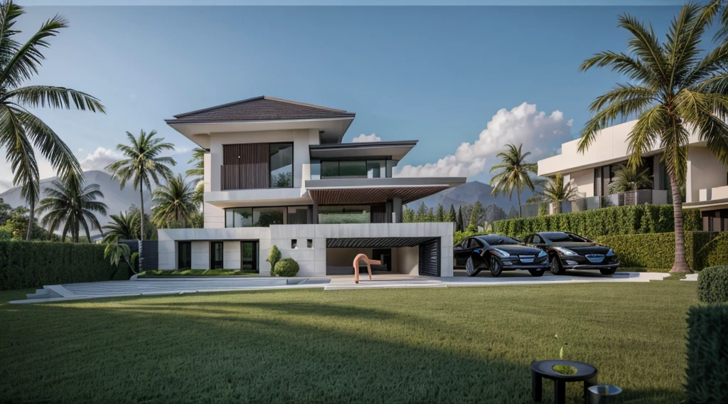 arafed view of a modern villa ,  noon time, a green grass, green landscape, coconut tree, cars, architectural render, architectural visualization, architectural rendering, large modern residence, architectural 3 d render, award-winning render, stunning render, modern, realistic, interior architecture, Art Deco, depth of field, motion blur, cinematic lighting, vignetting, highres, high quality, high details, masterpiece