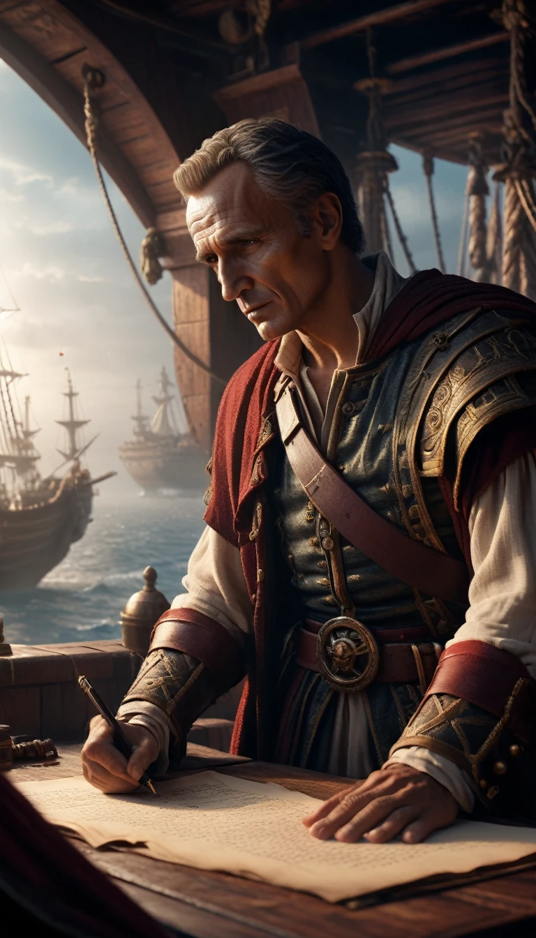Cinemactic style, Julius Caesar writing poetry on a pirate ship, The background has an artistic touch with dramatic lighting that highlights the individual, giving an aura of grandeur and importance, high quality, hyper-realistic with neutral face high detailed full HD realistic image, focus on every one, studio , smooth skin, 8k, 12k, Cinematic, Photography,