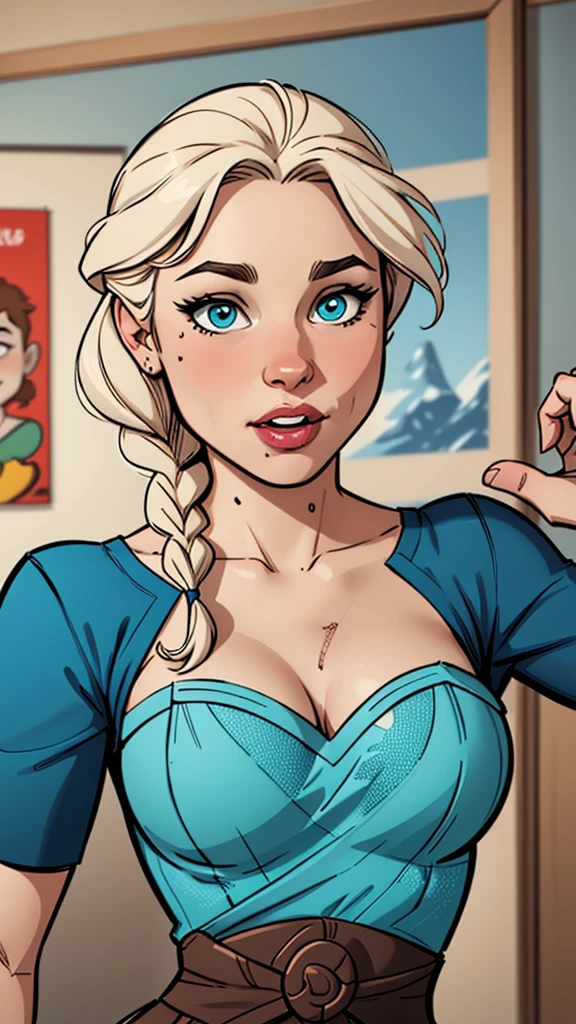 Compensation! Here is the revised and cleaner text:
--- Character: Battle-scarred Queen Anna of Arendelle.
Description: Cartoon image of a woman. cartoon style illustration, with highly detailed character design. detailed digital art, showing courage and high quality portrait.
characteristics:
- Portrait character design - Beautiful digital illustration - Comic art - Young girl with braided hair - Beautiful lined eyes - Medium-large bust and wonderful sexy clothes - Expression of sexual desire from waist to head ---