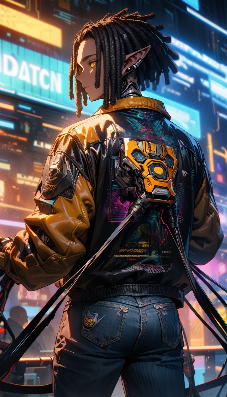 Adult guy, ebony skin, elf ears, black hair, dreadlocks haircut, yellow eyes, cyberpunk black jacket, jeans, cyborg hands with whips, Masterpiece, best quality, Full HD, 8k, ultra details, great graphic