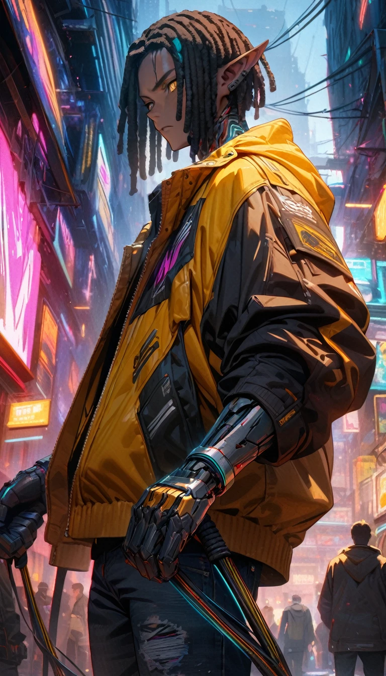 Adult guy, ebony skin, elf ears, black hair, dreadlocks haircut, yellow eyes, cyberpunk black jacket, jeans, cyborg hands with whips, Masterpiece, best quality, Full HD, 8k, ultra details, great graphic