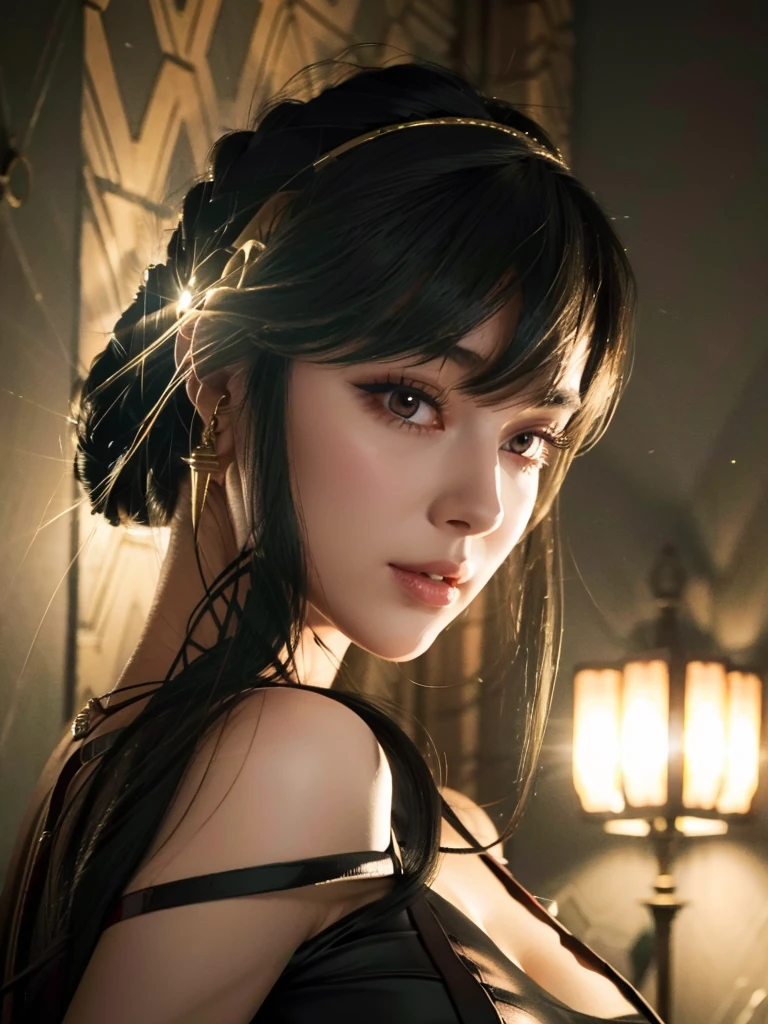 a beautiful woman, perfect figure, narrow waist, long chestnut hair, beautiful eyes, long eyelashes, lustrous lips, beautiful skin, beautiful smile, fashion model, attractive clothing, beautiful ornaments, black dress, cinematic scene, full moon night sky, (best quality,4K,8K,highres,masterpiece:1.2),ultra-detailed,(realistic,photorealistic,photo-realistic:1.37)、Medieval European streets