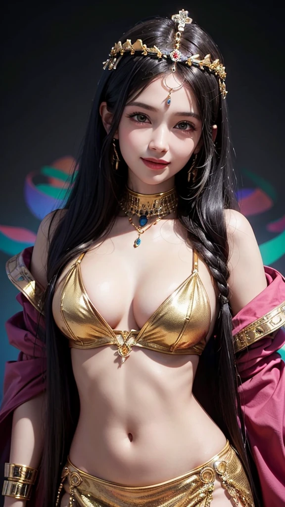 Egyptian Fashion、Queen Cleopatra,1 very cute girl、18-year-old girl、Black Hair、(whole body),(sexly,Cleavage),Look forward,A light smile, Colorful gel background、Fractal Background、Perfect lighting、Sharp focus、High resolution、High resolution、High color rendering、High resolution、Ultra-realistic、Photo Real