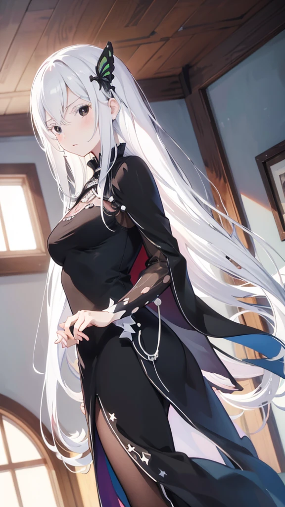 masterpiece, best quality, high resolution, best illustration, super fine illustration, (official art:0.7), (anime screencap:0.8), anime keyvisual, perfect anatomy, 8k portrait, (detail focus fingers:1.2), 
1girl, 
Echidna \(re:zero\),
long hair, 
white hair, 
(black eyes:1.2), 
medium breasts, 
black dress, black cape, long dress, 
looking at viewer, 
cowboy shot, 
natural light, background of indoor, 