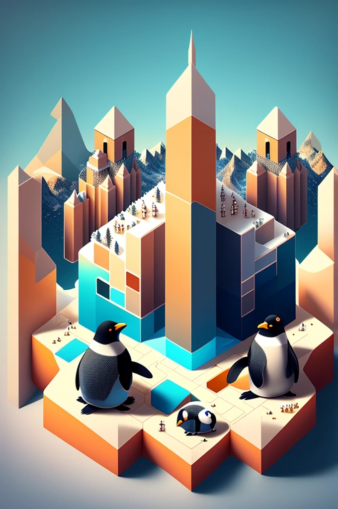 3 penguins on a puzzle map,Beautifully sophisticated，cube，iceberg、castle，Creative scene design，trending on Art Station, Monument Valley, Level Design, Low Poly, Isometric Art, 3D Art, High Detail, Art Station, Concept Art, behance, Ray Tracing, Smooth, Clear focus, Ethereal Lights
