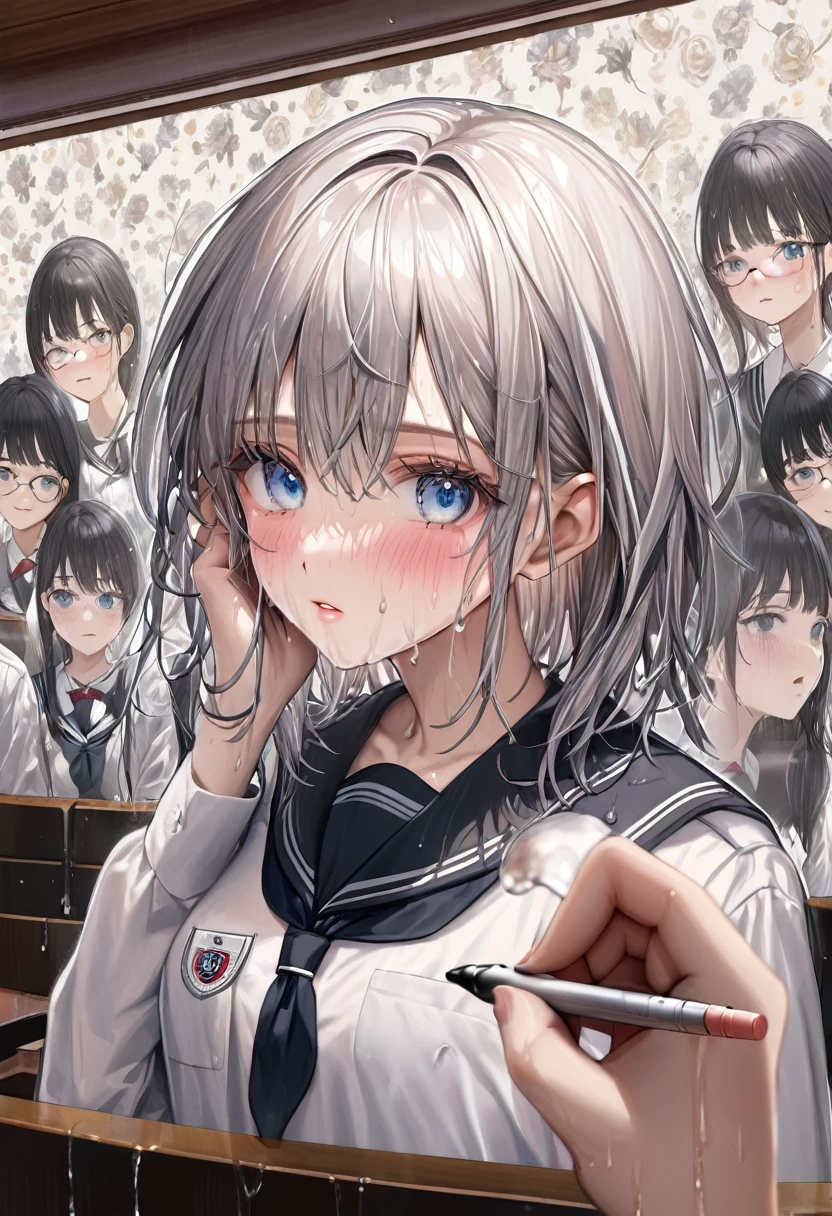 (Hyper realistic), (8k), (extremely detailed), (best illustration), (Beautiful detailed eyes), (Best Quality), (ultra detailed), (Masterpiece), (wallpaper), (detailed face), Alone, 1 girl, one hour drawing challenge, wet sweat, (school uniform:1.3), looking at the audience, exquisite details, detailed faces, ,pureerosfaceace_ v1,