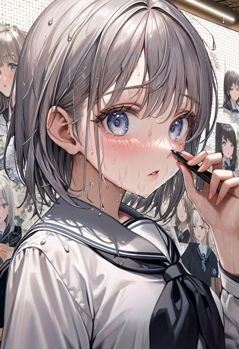 (Hyper realistic), (8k), (extremely detailed), (best illustration), (Beautiful detailed eyes), (Best Quality), (ultra detailed), (Masterpiece), (wallpaper), (detailed face), Alone, 1 girl, one hour drawing challenge, wet sweat, (school uniform:1.3), looking at the audience, exquisite details, detailed faces, ,pureerosfaceace_ v1,