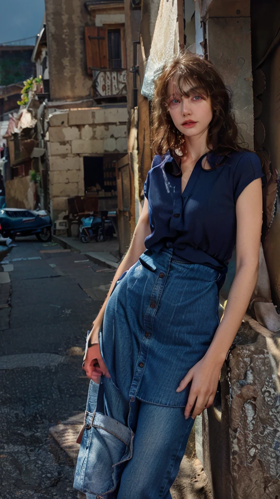 waist up potrait of french woman with white skins, blue eyes, dark brown hairs, wearing dark blue denim, slightly chubby, background dark studio, ultra realistic skins, ultra white skins, skins detailed, perfect eyes, eyes detailed. 