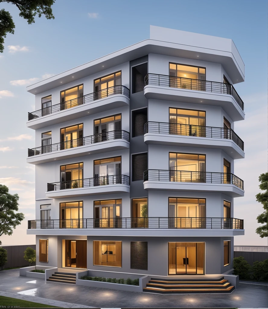 1 modern townhouse, the main materials of the house are white and gray wall colors: 1.2, glass panels: 1.1, glass doors: 1.2, black iron railings, 1 large yard, 1 road in front of the house, (Raw , Real photos, best quality, masterpiece effects: 1.2), modern and minimalist appearance, road in front of the house, dynamic lighting: 1.3, (super realistic, photo-realistic: 1.2), quality high quality, (dark light:1.2), excellent perfect lighting, ((with people, with cars))