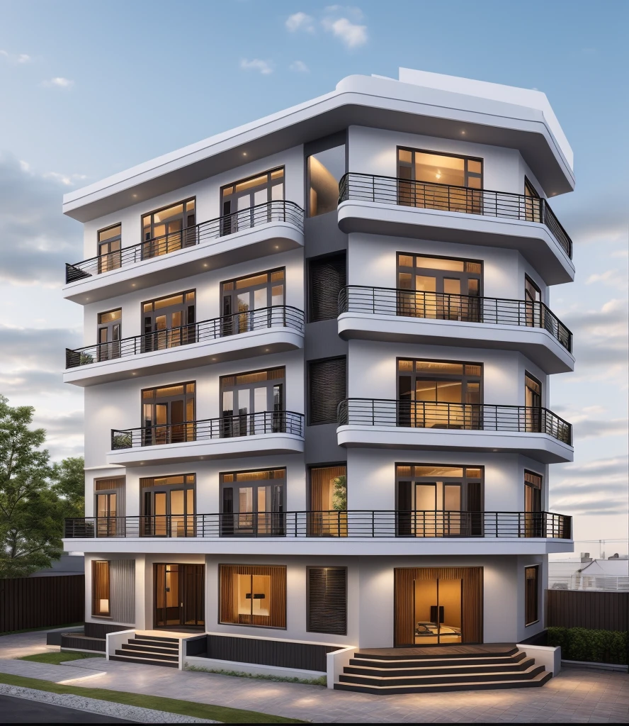 1 modern townhouse, the main materials of the house are white and gray wall colors: 1.2, glass panels: 1.1, glass doors: 1.2, black iron railings, 1 large yard, 1 road in front of the house, (Raw , Real photos, best quality, masterpiece effects: 1.2), modern and minimalist appearance, road in front of the house, dynamic lighting: 1.3, (super realistic, photo-realistic: 1.2), quality high quality, (dark light:1.2), excellent perfect lighting, ((with people, with cars))