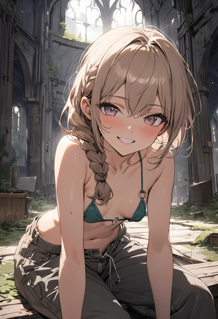 ((Masterpiece)), ((best quality)), (Anime:1.2), (RAW photo:1.2),(High Definition:1.3), (Professional Photography:1.2), (sharp focus), (perfect light),1girl, (grin), (Glossy lips), upper body, looking at viewer, (loose bikini top), O-ring, braid, ((loose pants)), bare arms, pale brown hair, small breast, cute hips, (mist effect:1.3), (Sitting on the treasure chest),((in the Mossy abandoned church)), (super detail:1.2),