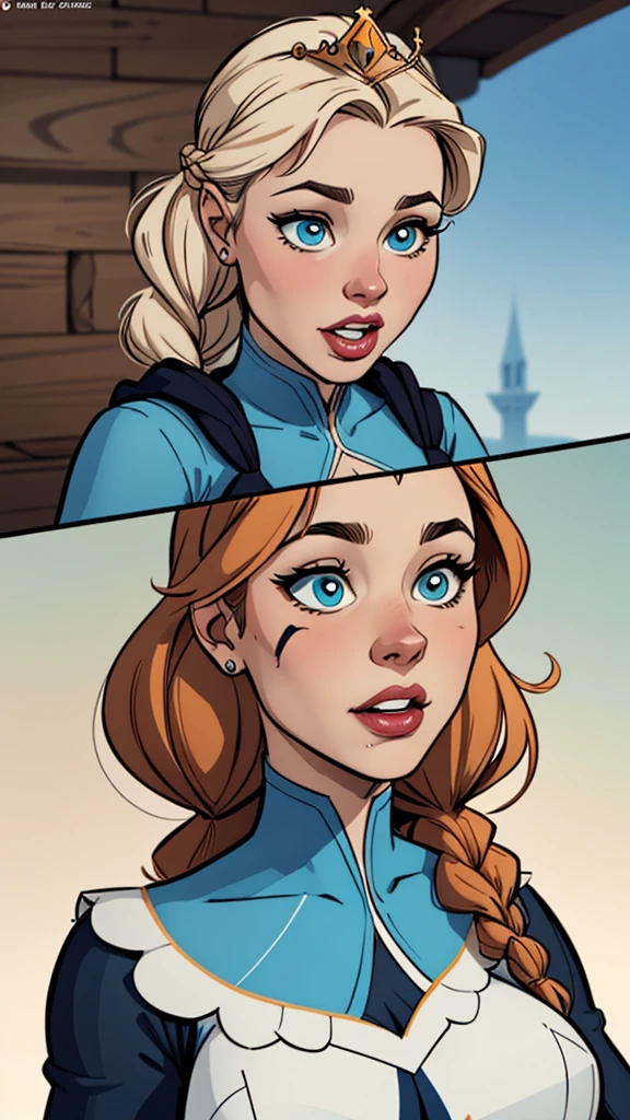 Compensation! Here is the revised and cleaner text:
--- Character: Battle-scarred Queen Anna of Arendelle.
Description: Cartoon image of a woman. cartoon style illustration, with highly detailed character design. detailed digital art, showing courage and high quality portrait.
characteristics:
- Portrait character design - Beautiful digital illustration - Comic art - Young girl with braided hair - Beautiful lined eyes - Medium-large bust and wonderful sexy clothes - Expression of sexual desire from waist to head ---