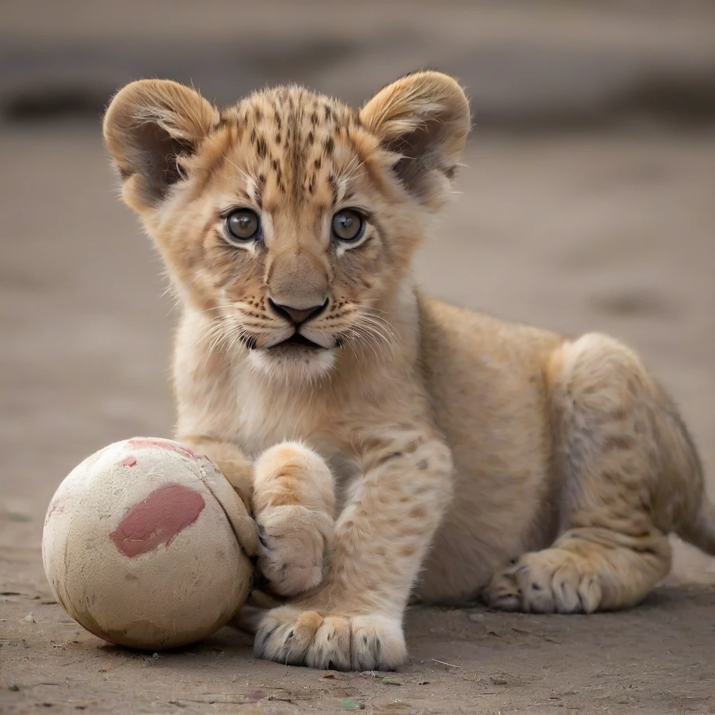 A small lion cub holding a ball