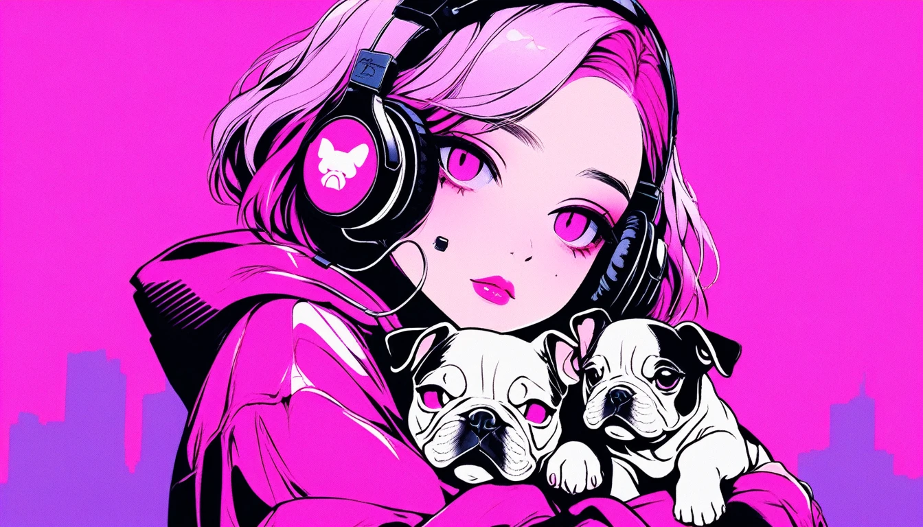 Illustrator, anime , Realistic ,sketch , A girl holding a cute bulldog puppy wearing headphones, ,lip, T-shirt,order,Textured Trim, (masterpiece,Highest quality) Rainy background, Neon Hair,Textured Trim, Canadian, (masterpiece,Highest quality) Cancer，