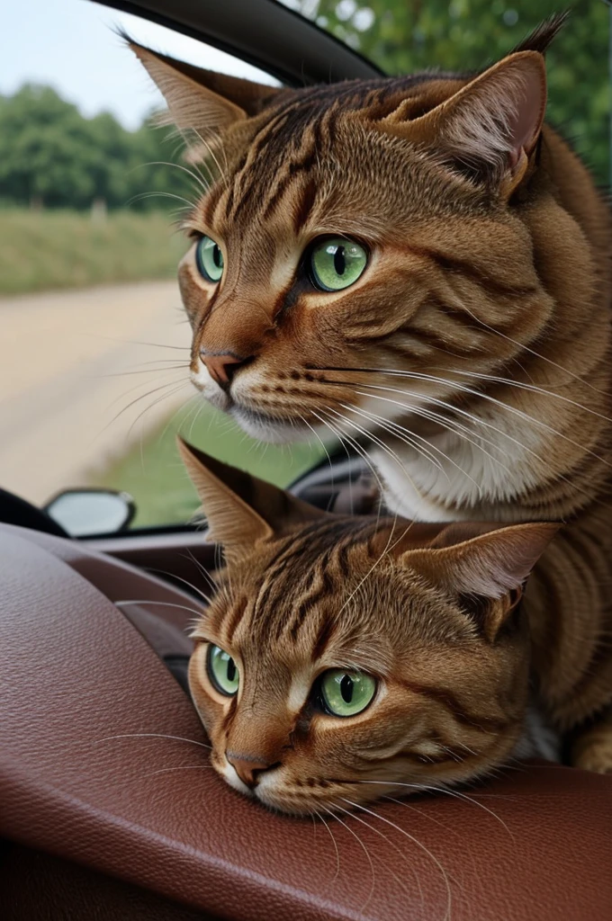 Chat marron avec des yeux verts sur une voiture rouge en 8k