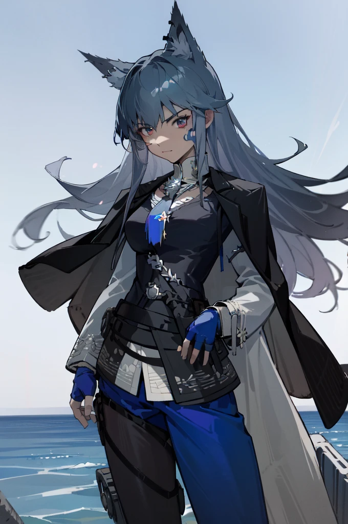 a dashing, tall, long-haired white-haired female pirate, radiating with luminous tan skin and captivating blue-gray eyes. Adorned with red tribal tattoos on her face and muscular physique, boasting defined abs, lifting her arm. Clad in pirate pants and leather pirate gloves, she wears a confident smile, projecting a grand and formidable posture, wielding a sword forward. Standing atop a pirate ship sailing the seas amidst pirate warfare, as the sunrise breaks through the morning sky."