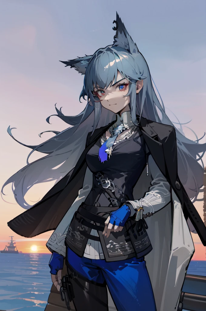 a dashing, tall, long-haired white-haired female pirate, radiating with luminous tan skin and captivating blue-gray eyes. Adorned with red tribal tattoos on her face and muscular physique, boasting defined abs, lifting her arm. Clad in pirate pants and leather pirate gloves, she wears a confident smile, projecting a grand and formidable posture, wielding a sword forward. Standing atop a pirate ship sailing the seas amidst pirate warfare, as the sunrise breaks through the morning sky."