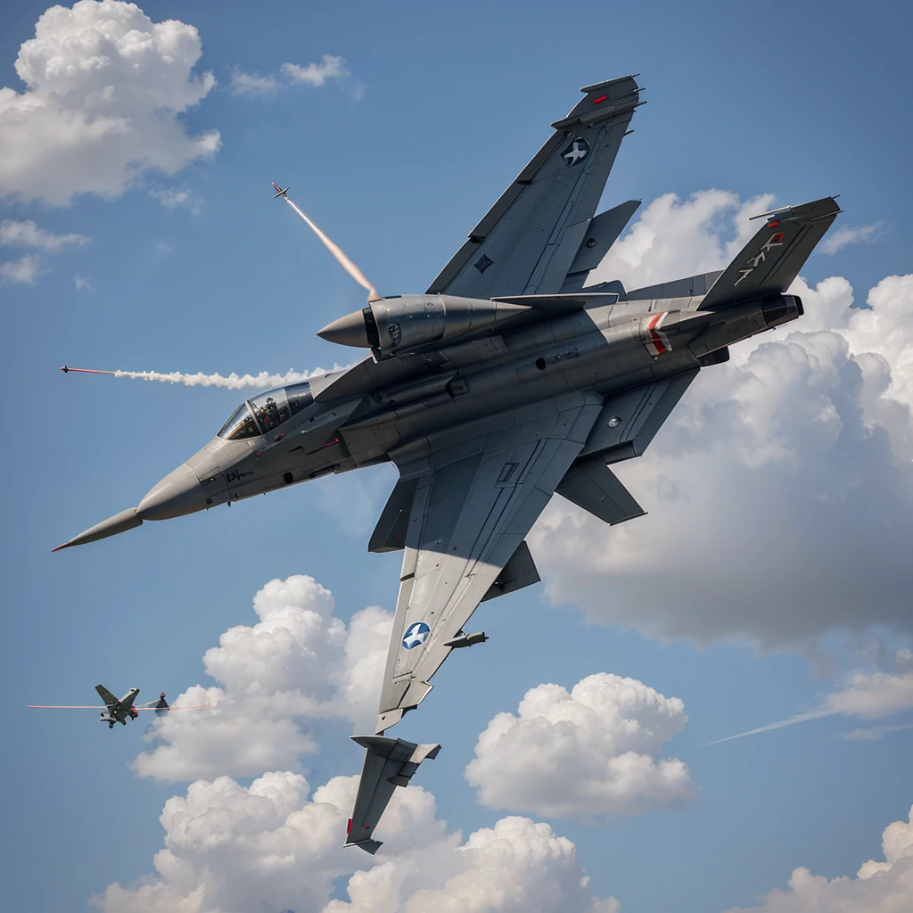 a fighter plane, trailing a cruise missile. 