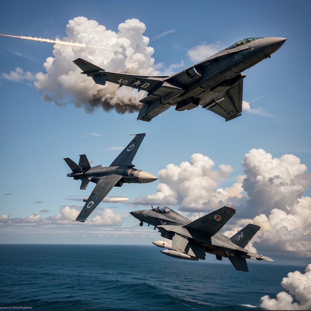 a fighter plane, trailing a cruise missile.