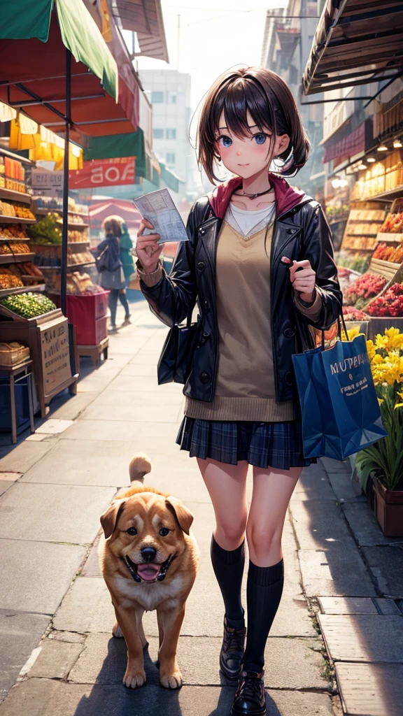 A girl holding a map walk in the market with a shopping bag and a puppy