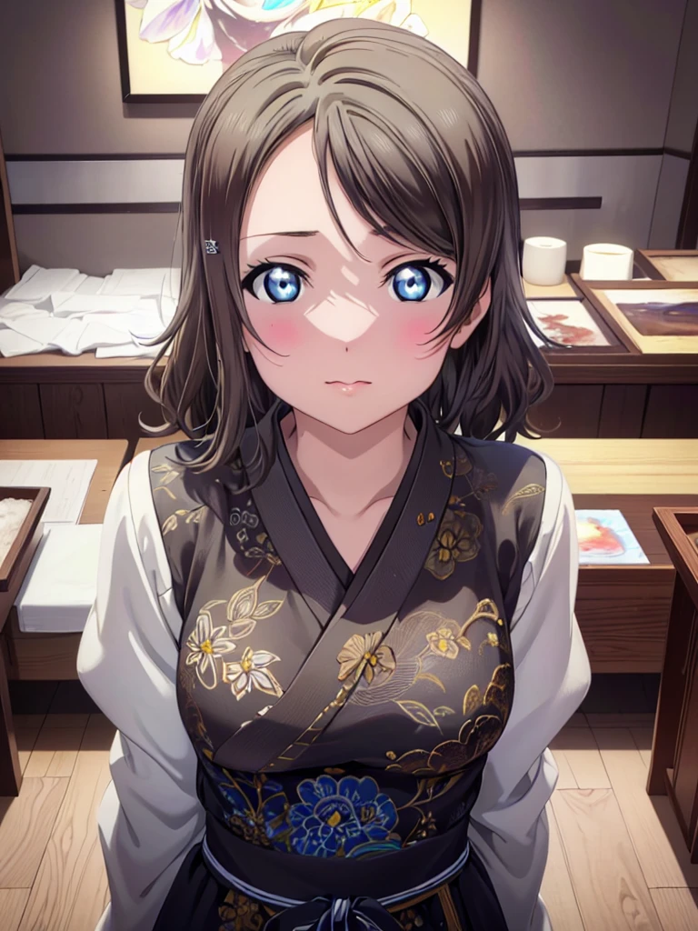 ((Highest quality)),(超High resolution),(Very detailed),(Detailed Description),((The best CG)),(A masterpiece),Ultra-detailed art,Amazing painting art,(Art with precise details:1.5), Portraiture:1.6,Bust Shot:1.4,(1 female:1.5),Beautiful and well-proportioned face:1.5、 Japanese、girl,thin、nsfw、Small face、Brown eyes、expensive、 High resolution,Black Hair、Japanese-style room、、Are standing、mature、Watanabe You, Large Breasts, Nude, nipple, Completely naked