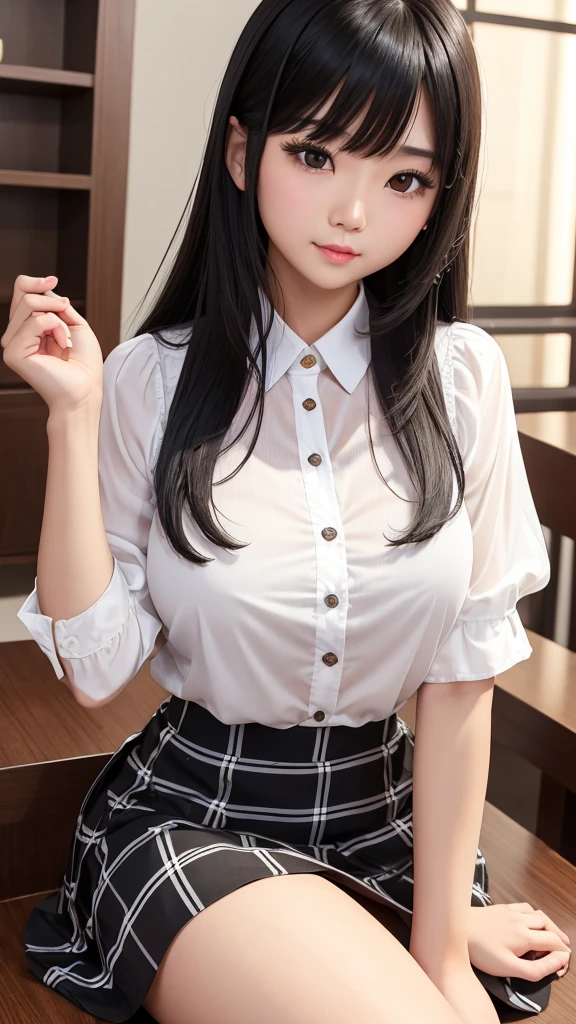 Detailed face、highlight、Asian Girl、thigh、Tabletop、breast enhancement、Bodyline、Black Hair、Heavy bangs、Checkered Skirt、White blouse、Support your chest with your hands、