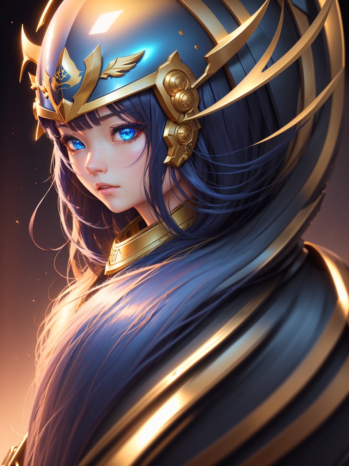 anime girl with blue eyes and a golden helmet, detailed anime digital art, highly detailed digital art in 4k, High-quality, detailed artwork in 8K, 2. anime fantasy art 5 d cgi, non-style artwork by guweiz, Awesome anime face portrait, detailed digital art in 4k, 极其详细的Artgerm, Stunning 8k art