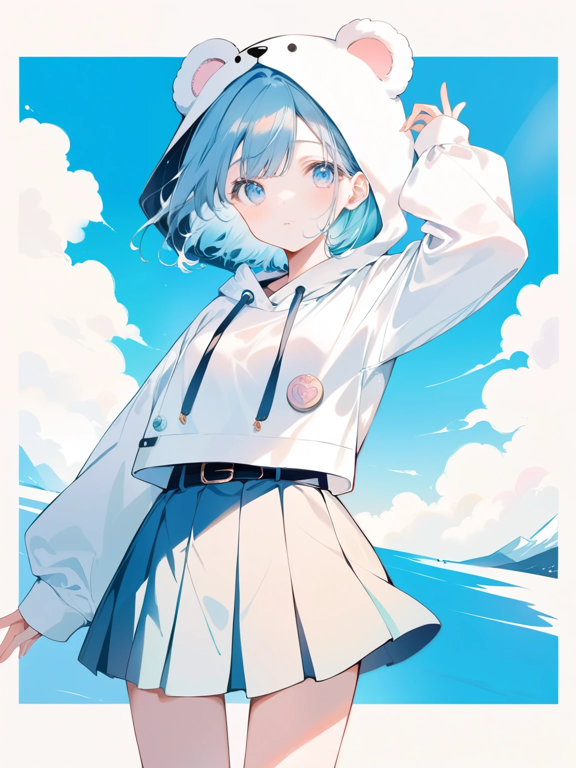 1人のgirl, Long Hair, pastel colour, Portraiture, Medium Chest, Line art, (watercolor:0.5)、girl, Cool composition、Cool pose、Wide-angle shot, 憂鬱な雰囲気の青いボブカットの漫画のgirlを手描きしました, blue sky, Bear ear hood, Badge Decoration、Polar bear hoodie、Short length hoodie、Marine Skirt、Blue Belt、Inner shirt、Light blue hair、Light blue eyes、short hair