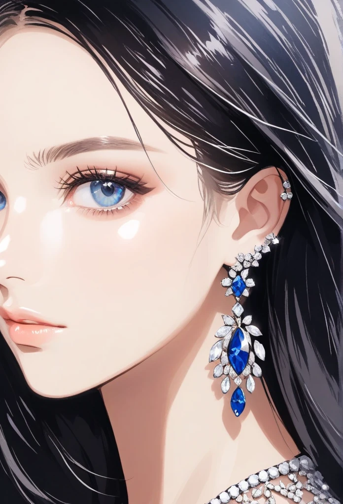 (masterpiece, best quality), intricate details, realistic, photorealistic, a close up of a woman wearing earrings, inspired by Emma Andijewska, draped in crystals, silver color, long earrings, sandra chevier, huge earrings, 2019, blue-eyed, platinum jewellery, earring, flawless structure, silver earring, big breasts, strapless dress full body shot,