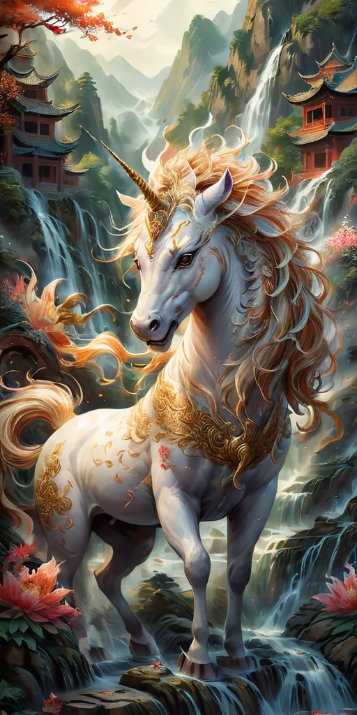 A high-resolution watercolor painting, rich in intricate details and steeped in Chinese culture. The focal point is a majestic and strong Chinese unicorn, large and imposing, depicted with flowing mane and powerful stance. Surrounding the unicorn are elements of traditional Chinese art, including delicate floral patterns, ancient symbols, and ornate designs. The background is filled with lush landscapes, serene water bodies, and traditional Chinese architecture, all rendered with fine brushstrokes. The colors are vibrant yet harmonious, capturing the essence of the culture and the mythical creature in a realistic style.
