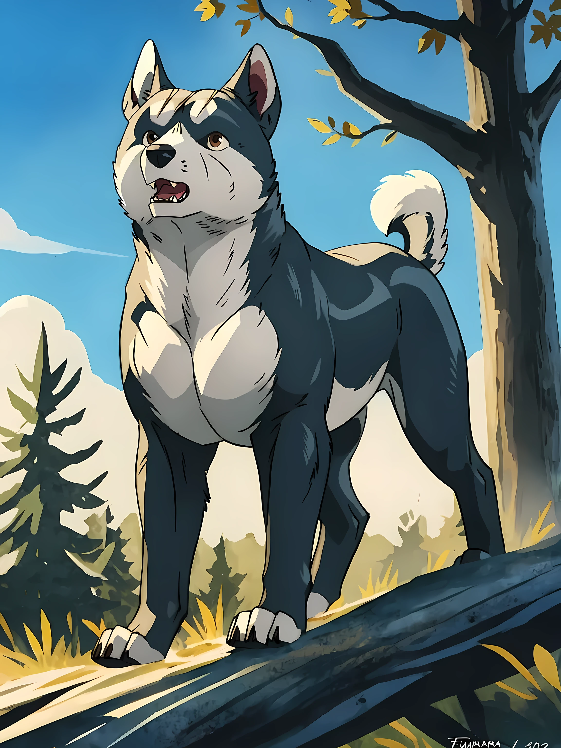 gin (ginga), dog, brown eyes, glinting eyes, detailed eyes, young, male, feral, quadruped, muscular, pectorals, paws, detailed, high quality, best resolution, solo, forest background, tail, by wfa, by taran fiddler, cel shaded, light blue fur, light blue paws, full body