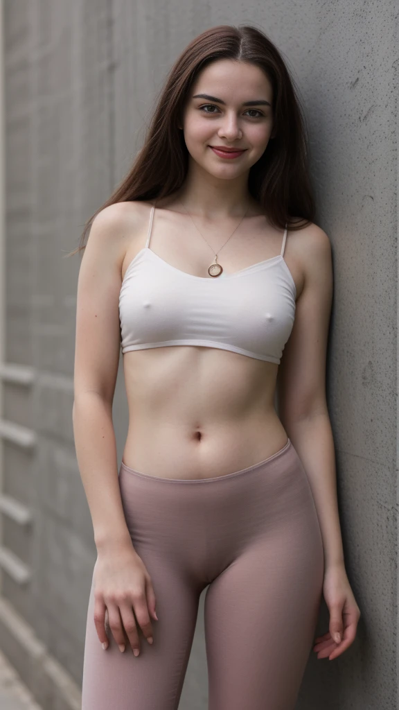 RAW photo, photo of overweight , (long brunette hair), (tik-tok leggings), (off shoulder top), city streets, leaning against wall, pale white skin, thick thighs, freckles, blemishes, lipstick, ((short height, broad shoulders, ((wide hips and waist)), ((chubby:1.3)), smiling, happy, red lipstick,