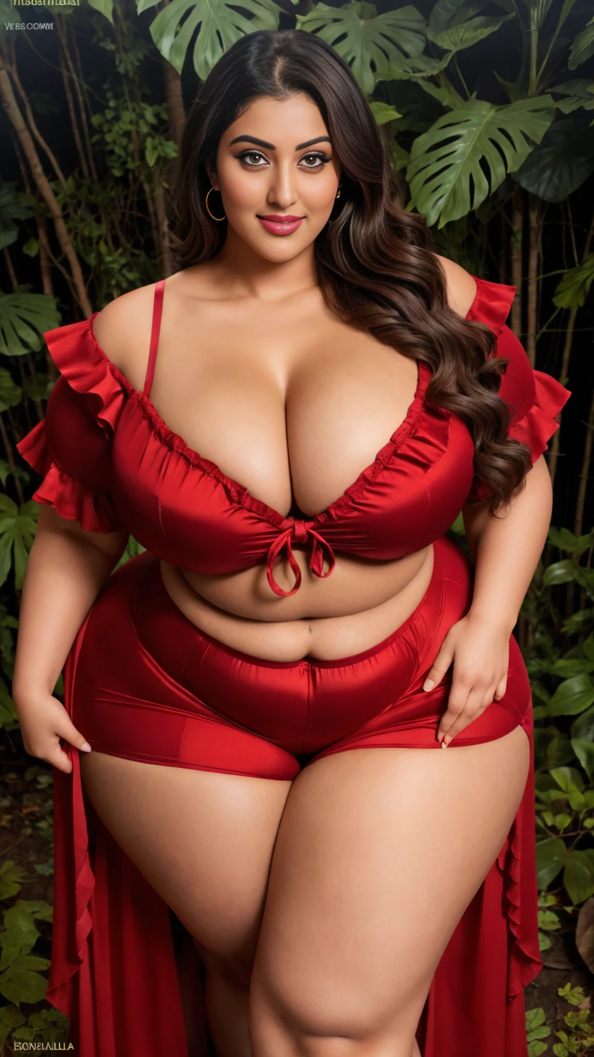 Indian gorgeous curvy plus size actress madhubala, glowing eyes, wearing Crimson Glow color SHEIN Clasi Plus Size Solid Color Shirt With Ruffle Detail And Round, covered Bust, parted lips, thick thighs, bigger waist, busty, curvy plus size body, full body, full body shot, head to toe view, hourglass body, curvy plus size body, smile face, bigger waist, busty, big hips, fleshy thighs, thick thighs, busty, full body view, jungle background