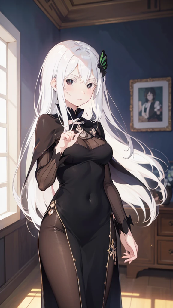 masterpiece, best quality, high resolution, best illustration, super fine illustration, (official art:0.7), (anime screencap:0.8), anime keyvisual, perfect anatomy, 8k portrait, (detail focus fingers:1.2), 
1girl, 
Echidna \(re:zero\),
long hair, 
white hair, 
(black eyes:1.2), 
medium breasts, 
black dress, black cape, long dress, 
looking at viewer, 
cowboy shot, 
natural light, background of indoor, 