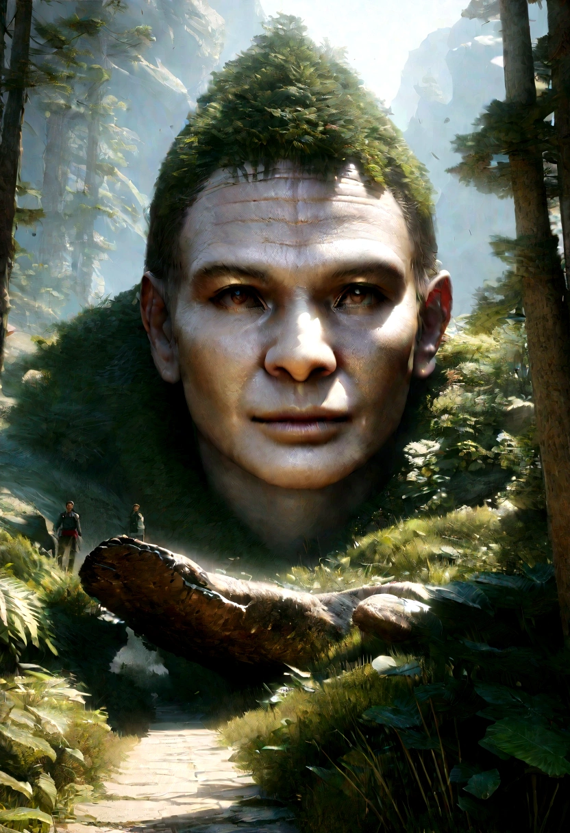 Giant, 楽山大仏のRealistic描写, Seamlessly blending with nature, Surrealism, Super detailed, Realistic:1.37, 3D Rendering, Cinema Lighting, Divine Light, 超High resolution, masterpiece:1.2, Textured skin, Highest quality, High resolution