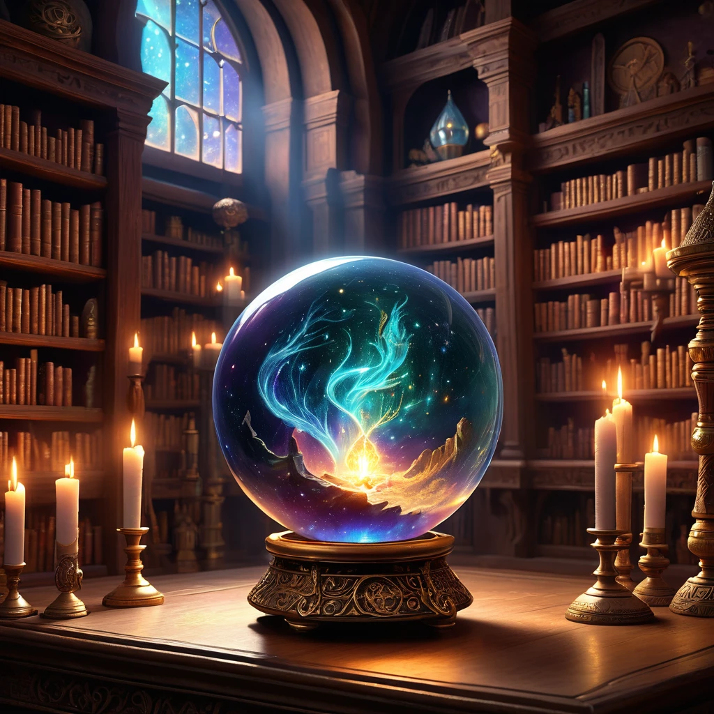 (background: ancient and mystical chamber:1.2), (central focus: a large, glowing crystal ball on an ornate, rune-covered stand:1.3), (Accessories: floating candles with flickering flames, enchanted talismans hanging from the ceiling, shimmering magical symbols in the air:1.2), (ambient details: soft, ethereal light illuminating the chamber, shadows dancing along the walls, faint echoes of incantations whispering through the air:1.2), (environmental magic: swirling mists inside the crystal ball showing glimpses of distant realms and mystical visions:1.5), (additional elements: shelves filled with ancient tomes and mystical artifacts, a spellbook open on a nearby table with pages turning by themselves, glowing runes pulsating with arcane energy:1.3), (mystical atmosphere: sparks of magical energy drifting through the air, a gentle hum of power resonating throughout the chamber, the scent of rare herbs and incense filling the space:1.5), (crystal ball focus: the crystal ball glows with an inner light, its surface reflecting the room's enchantments, while deep within, swirling galaxies and magical symbols can be seen, revealing secrets of the universe:1.4), best quality, masterpiece, detailed soft oil painting, detailed background, dramatic cinematic lighting, soft edge lighting, professional, dramatic lighting, hard edge lighting, ultra quality, 4k, masterpiece, best quality, 8k, ultra high definition, high resolution, extremely detailed