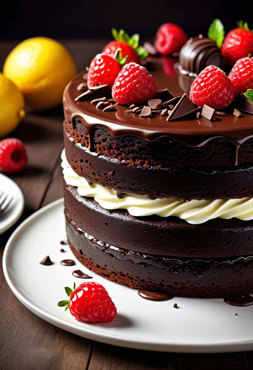 ((masterpiece, Highest quality, Best image quality, High resolution, Realistic, RAW Photos, 32k)), ((Highly detailed CG integrated 32k wallpaper)), delicious, crisp and sharp, Full plate, (((((Photos of food only))))), rich chocolate cake,