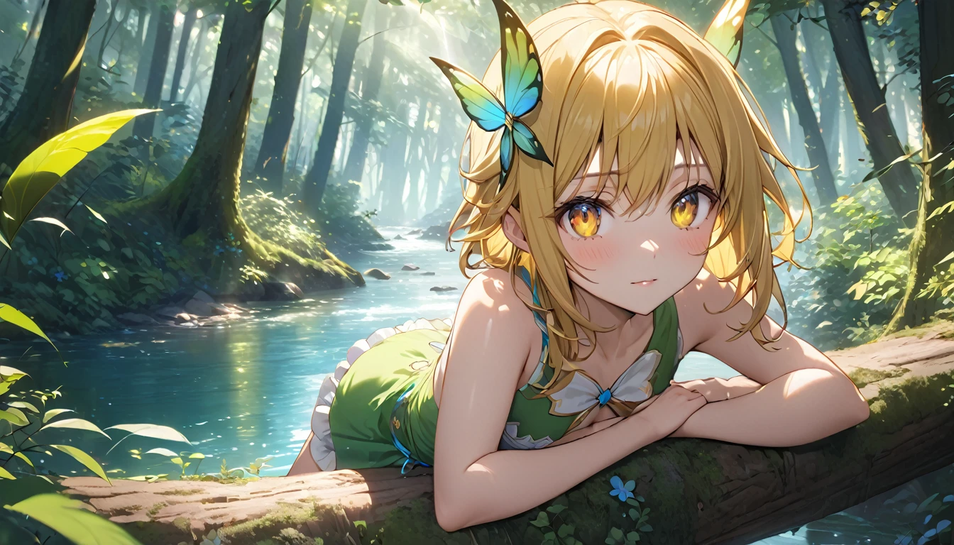 (8K,masterpiece,Highest quality),Hyper Detail,Primary forest,Golden hair shortcut、A fairy girl with a fleeting expression、Sunlight filtering through the trees、river、Highly detailed face、pupil、whole body