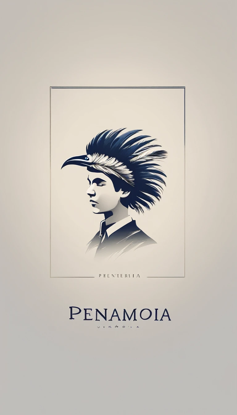 A minimal, modern, simple, cinematic logo design e of a boy with a head full of feathers for the brand “Penamemoria".
